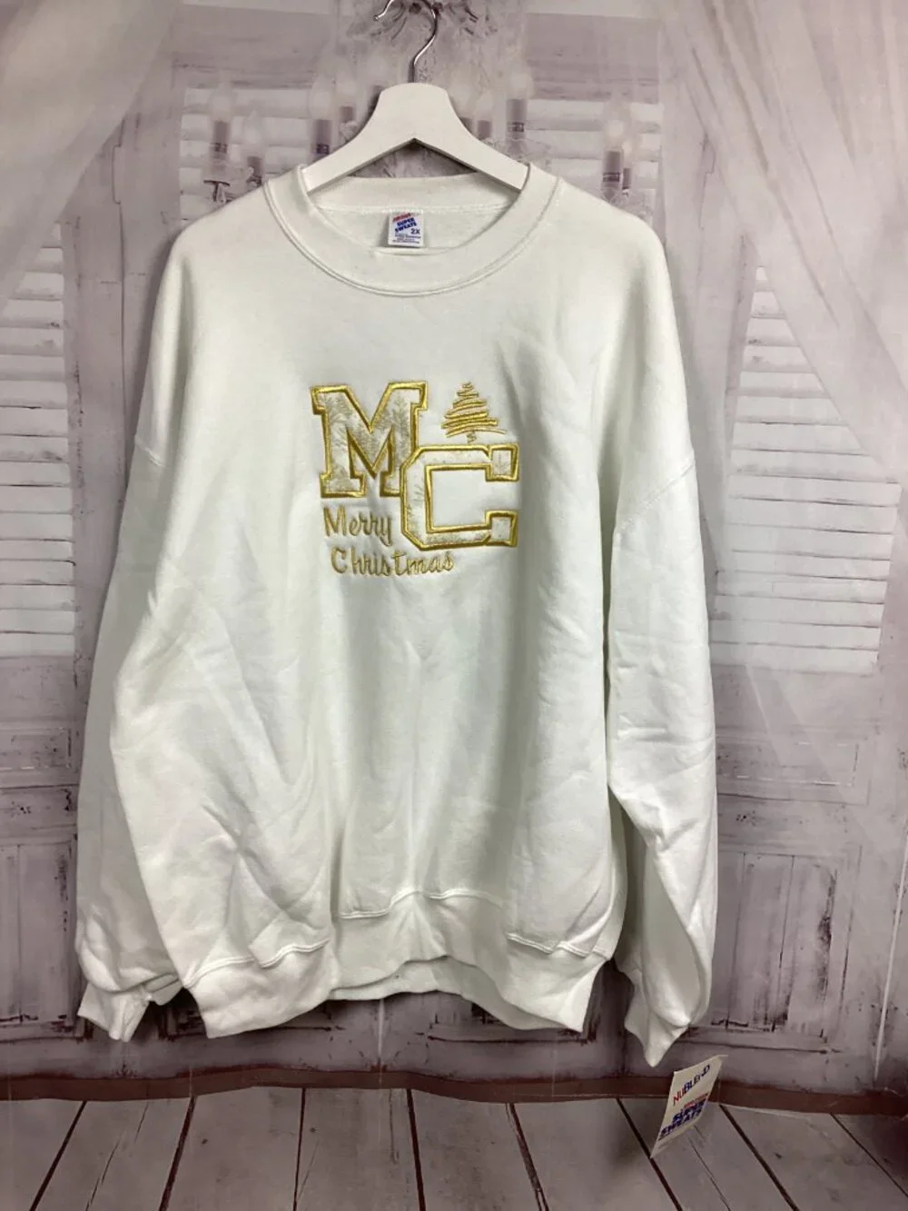 Vintage White Jerzees Crewneck Sweatshirt Gold Embroidery Merry Christmas NWT 2x - Picture 8 of 8